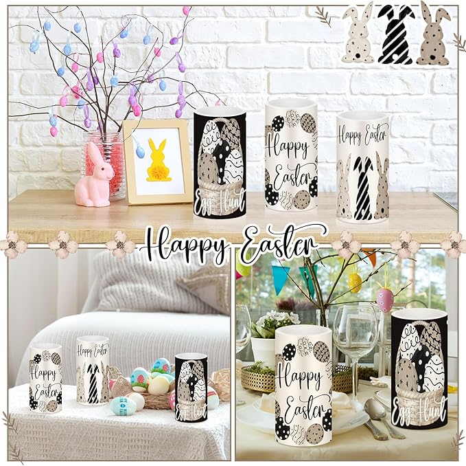Retisee 3 Pcs Black Brown Easter Flameless LED Candles Battery Operated Bunny Spring Flickering Pillar Candles with Remote Rabbit Easter Centerpiece for Bedroom Living Room Dinner Table Decoration