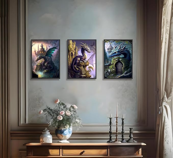 FJKLRP 3pcs Fantasy Dragon Wall Art Castle & Mythical Dragon Design Canvas Prints poster Fantasy Wall Decor with Fantasy Themed Wall Decor for Bedroom Gaming Room Living Room Decoration Unframed