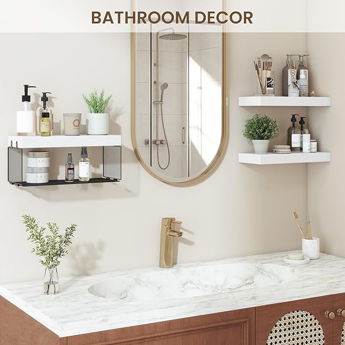 Acovy Bathroom Floating Shelf for Wall,16 inch Wall Mounted Floating Shelves Toilet Organizer and Storage,Small Farmhouse Decor Shelf,White,Set of 3