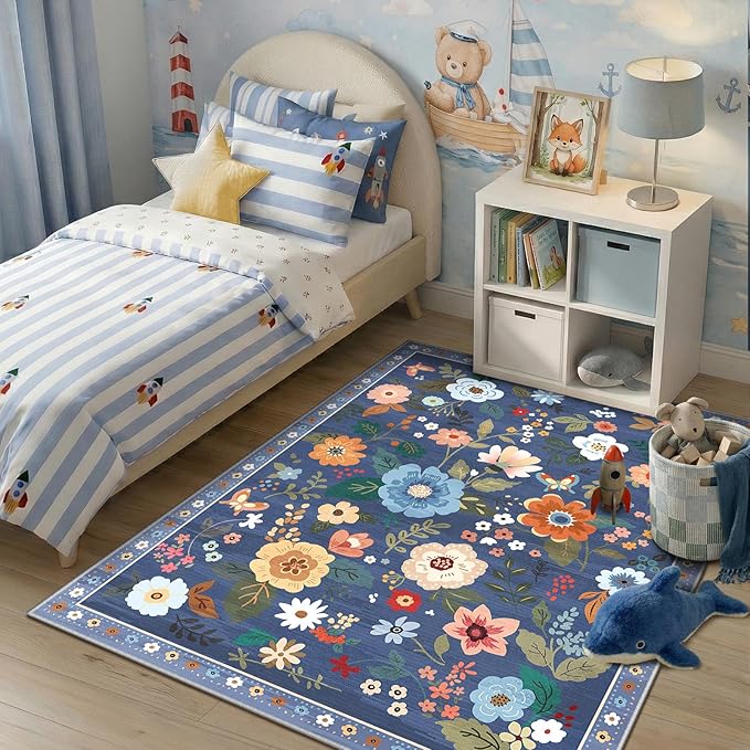 RELEANY Floral Nursery 3x5 Area Rugs Washable Print Boho Cute Carpet Non Slip Flower Low Pile for Living Room Kids Girls Playroom Bedroom Kitchen Office Farmhouse-Blue/Grey