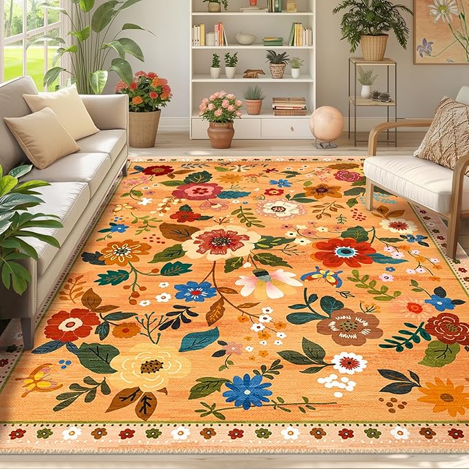 RELEANY Floral Nursery 9x12 Area Rugs Washable Print Boho Cute Carpet Non Slip Flower Low Pile for Living Room Kids Girls Playroom Bedroom Kitchen Office Farmhouse-Yellow/Orange