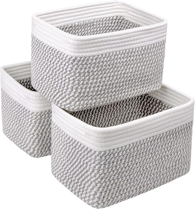 R RUNKA Small Cotton Rope Basket – Storage Bin for Organizing (10.6" x 6.7" x 6.7"), Bathroom Storage Basket for Shelf, Counter & Closet（White & Mixed Grey）