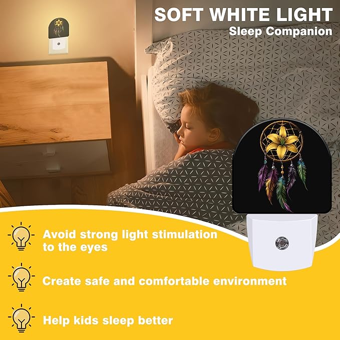 Night Lights Plug into Wall Floral Dreamcatcher Night Light Dusk to Dawn Smart Sensor Decorative Round Led Lamp for Bedroom Kitchen Hallway Nightlight for Women Men