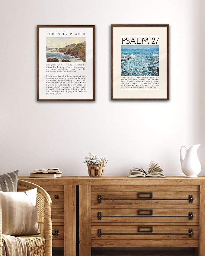 EcoHest Walnut Color OAK Wood Jesus Framed Wall Art, 12x16in Serenity Prayer Bible Verse Christian Wall Art, Modern Bedroom Religious Decor For Living Room Bathroom Christian Merch Gift 1Pack