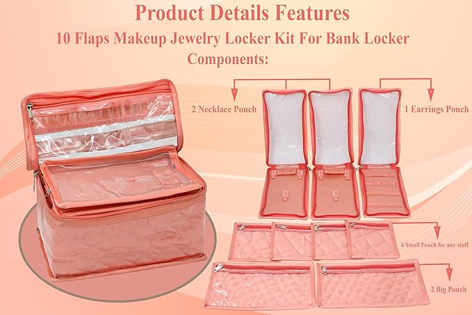 atorakushon Satin Transparent Makeup Pouches Case Cosmetic Necklace Earrings Jewellery Box Travel Organizer For Women Peach with 10 Pouch