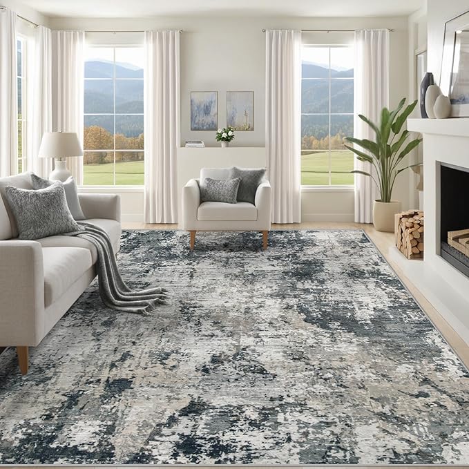 XLUEZ 9x12 Area Rug for Living Room, Washable Modern Abstract Large Area Rug Neutral Soft Non Slip Kids Rug Stain Resistant Indoor Carpet for Bedroom Dining Room Playroom Office(GreyWhite, 9'x12')