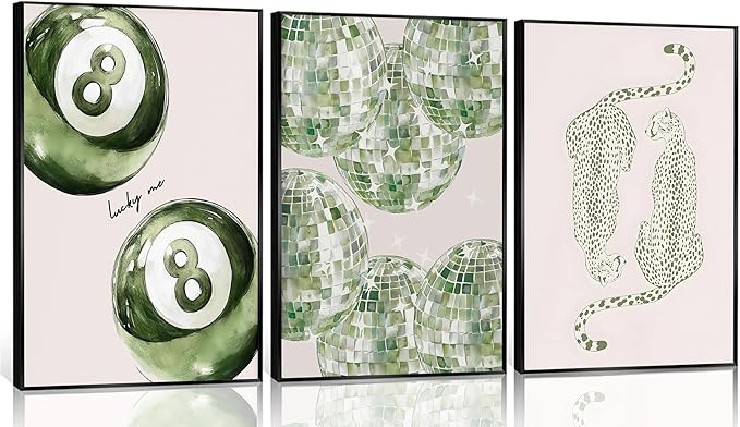 3Pcs Trendy Leopard Disco Ball Canvas Wall Art Sage Green Lucky Poster Prints Preppy Ace Cards Wall Decor pictures for Girly Bedroom Apartment Dorm Decoration Unframed