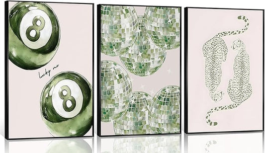 3Pcs Trendy Leopard Disco Ball Canvas Wall Art Sage Green Lucky Poster Prints Preppy Ace Cards Wall Decor pictures for Girly Bedroom Apartment Dorm Decoration Unframed
