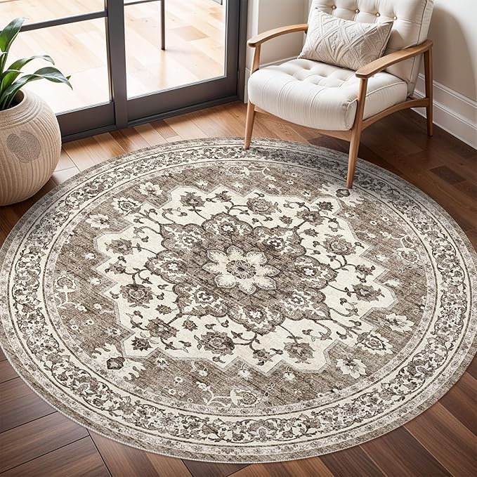 TOPRUUG Washable Oriental Area Rug - 3ft Round Rugs for Living Room Soft Carpet for Bedroom Waterproof Floral Distressed Indoor Stain Resistant Non-Shedding Floor Carpets (Beige, 3ft-Round)