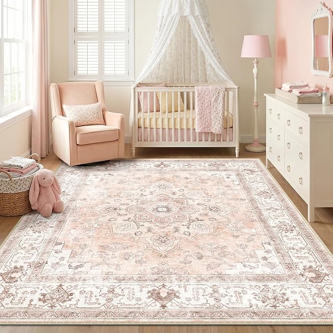 CAPALOCA Machine Washable Rugs Nursery Rug Sq6ft Cute Girl Non Slip Low Pile Water Repellent Soft Print Pattern for Bedroom Indoor Decor Kids Playroom Pink