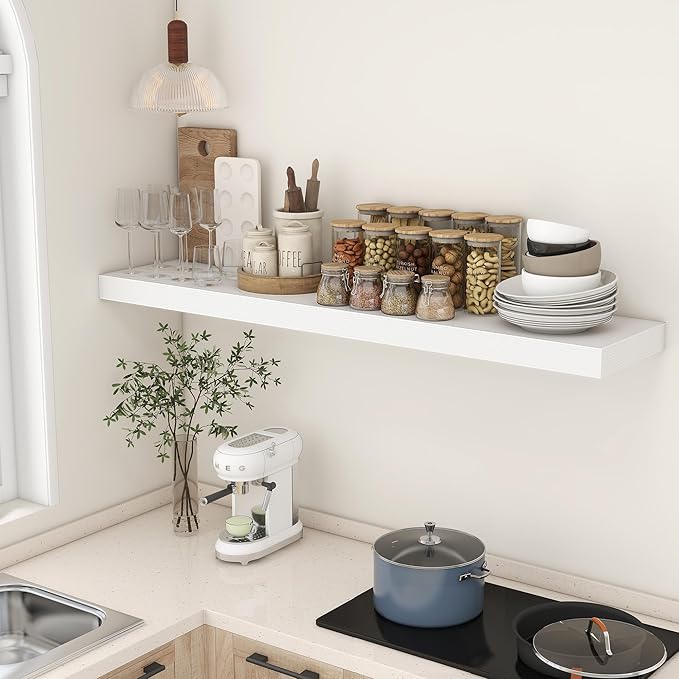 FLYJOE 12 Inch Deep Floating Shelves | 55 Inch White Floating Shelves | 55" W x 12" D Rustic Wood Shelves for Wall | Deep White Shelves for Living Room Bathroom Laundry Room Kitchen