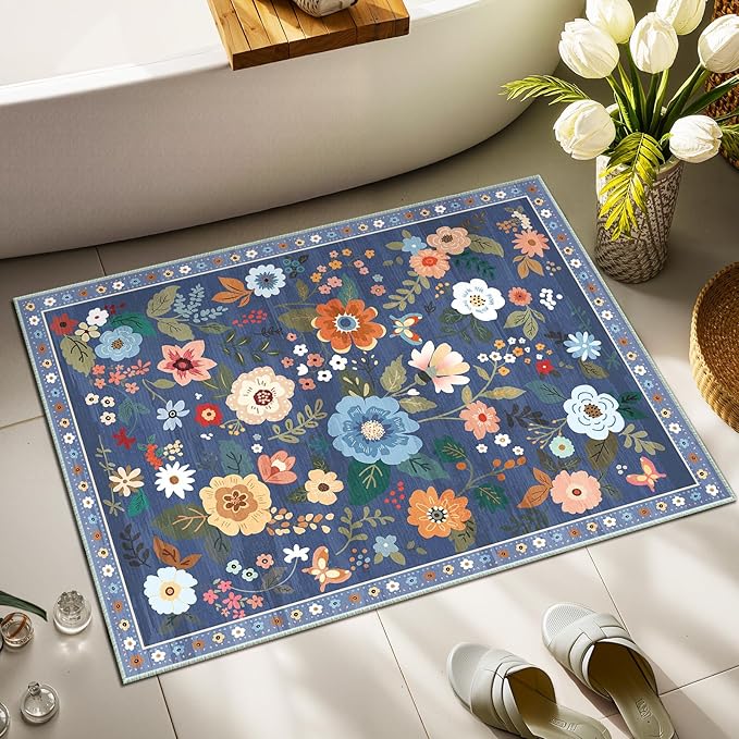 RELEANY Floral Nursery 2x3 Area Rugs Washable Print Boho Cute Carpet Non Slip Flower Low Pile for Living Room Kids Girls Playroom Bedroom Kitchen Office Farmhouse-Blue/Grey