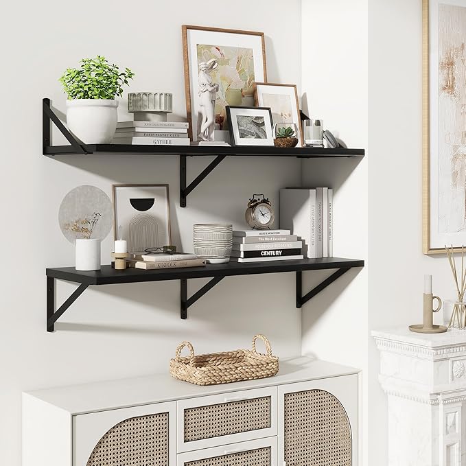 Marsmiles Black Floating Shelves for Wall - 36 Inch Wide x 12 Inch Deep Wall Shelves Set of 2 - Wood Floating Shelves for Living Room Bedroom Bathroom