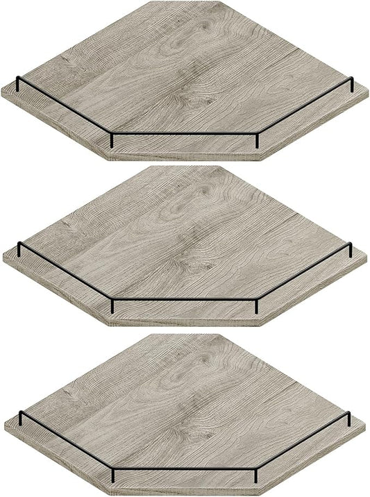 JJL Corner Shelf Wall Mounted, 12 Inches 3-Tier Floating Corner Shelf, Hexagon Rustic Wood Decor with Fence, Gray Wood Grain Floating Shelves for Apartment Bedroom Kitchen Bathroom