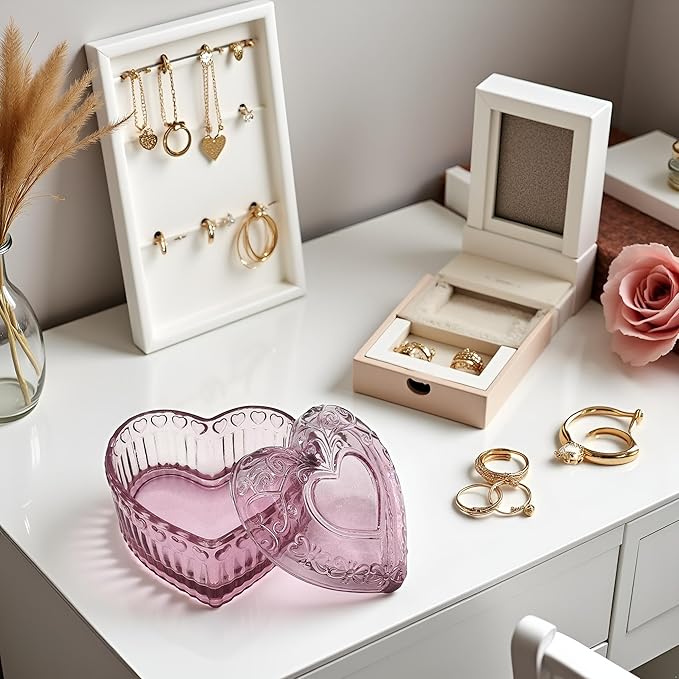 Cute Glass Jewelry Box - Heart Shape Cute Box for Storage Ring Earring Trinket Vintage Jewelry Organizer Decorative Gift for Women Girls-GRB003-Rose Red