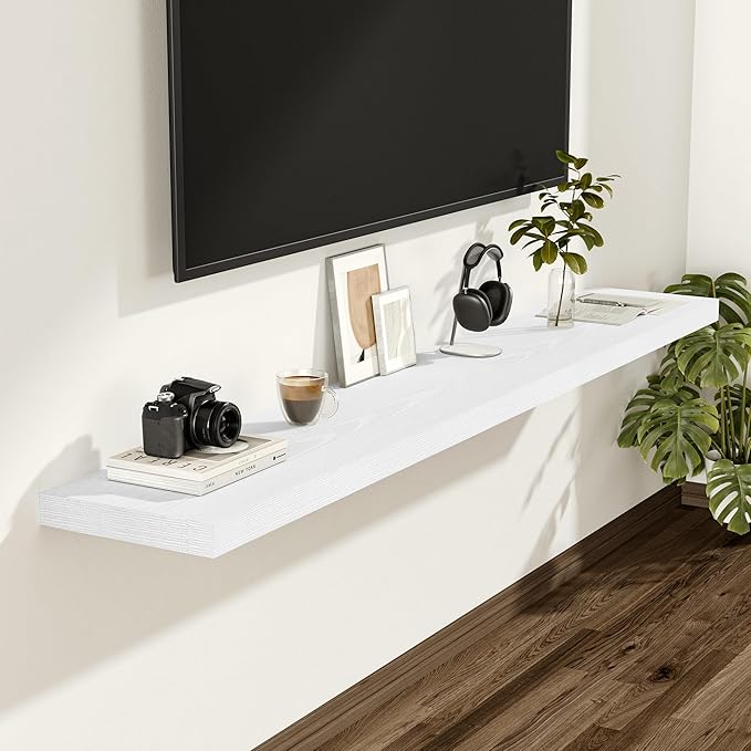 Vivelove White Floating Shelves 12 Inches Deep, 55x12 Floating Shelves for Wall with Invisible Brackets, Room Shelves for Living Room Bedroom Bathroom Kitchen Office, Set of 2 [Wood Grain Texture]