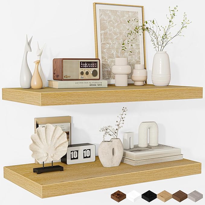 Fun Memories Floating Shelves - 2 Pack 12 Inch Deep Rustic Wooden Wall Shelves - Extra Deeper & Thicker Wall Mounted Storage Shelf for Living Room, Kitchen, Farmhouse - 24" W x 12" D x 1.5" H - Oak