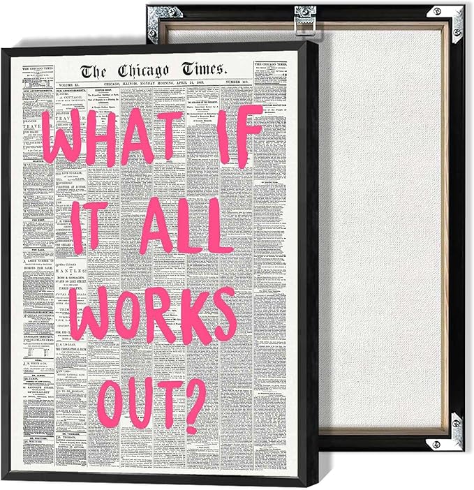 What If It All Works Out Poster Retro Newspaper Pink Font Canvas Wall Art Positive Affirming Quote Minimalist Prints Painting For Home Bedroom Dorm Wall Decor 8x12in Framed