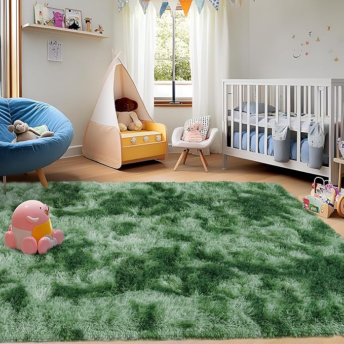 5x7 Fluffy Fuzzy Area Rug for Living Room Bedroom, Ultra Soft Rugs for Living Room, Modern Shaggy Carpets Rug for Boys Girls Dorm Nursery Home Decor Aesthetic, Upgrade Non-Slip Durable, Tie-Dyed Green