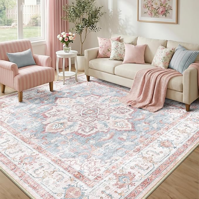 CAPALOCA Machine Washable Rugs Nursery Rug Sq8ft Cute Girl Non Slip Low Pile Water Repellent Soft Print Pattern for Bedroom Indoor Decor Kids Playroom Pink Blue