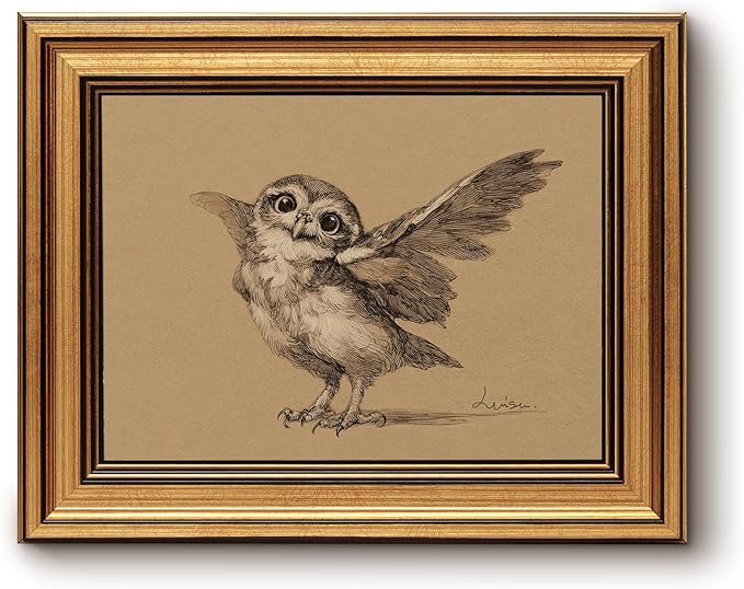 Bzstyleart Vintage Wall Art Decor for Living Room, Gold Framed Wall Art, 8 x 10 Inch Owl Animal Picture, Canvas Picture Print Painting for Bedroom Bathroom Classroom Decor