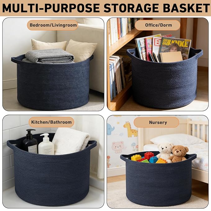 65L Large Blanket Basket,Woven Rope Laundry Basket Hamper with Handles,Decorative Nursery Basket Storage Bin for Toys, Pillows , Clothes Organizer, Living Room, Bedroom, Bathroom, Dark Blue