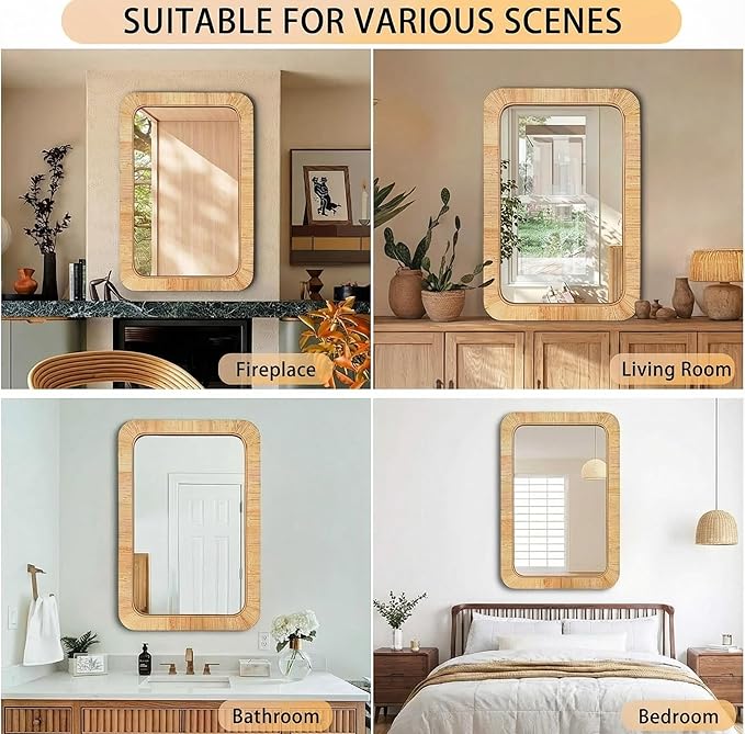 Rattan Rectangular Mirror 24x36, Boho Decorative Wall Mirror for Bathroom, Farmhouse Vanity Mirror for Nursery, Bedroom, Living Room Decor, Nursery & Children's Room