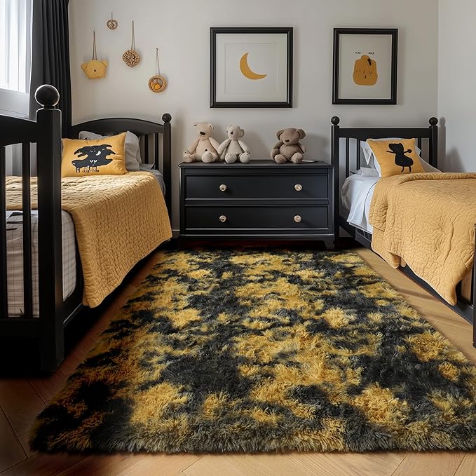 Amdrebio Black Gold Yellow Grey Rugs for Bedroom Living Room Decor, Fluffy Furry Fuzzy Shaggy Area Rug 5x7 for Kids Room Dorm Home Office, Modern Cool Leopard Cheetah Shag Carpet for Teen Boys Men