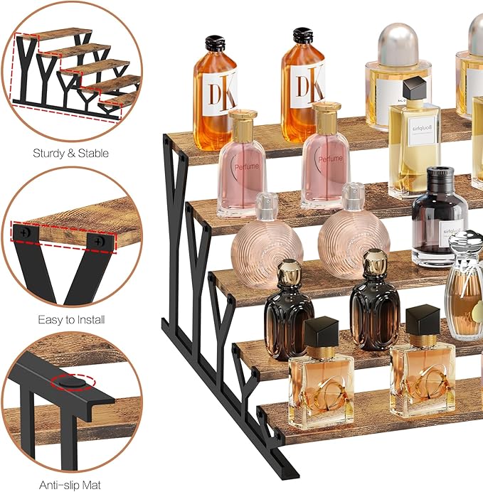 KALYLOC 5 Tier Wooden Display Riser Stand 13.8 Inch Metal Step Perfume Stand Organizer Tabletop Tiered Display Shelf Rack for Cologne Cupcake Spice Figures Cosmetics Candles (Brown, Y-Shape)