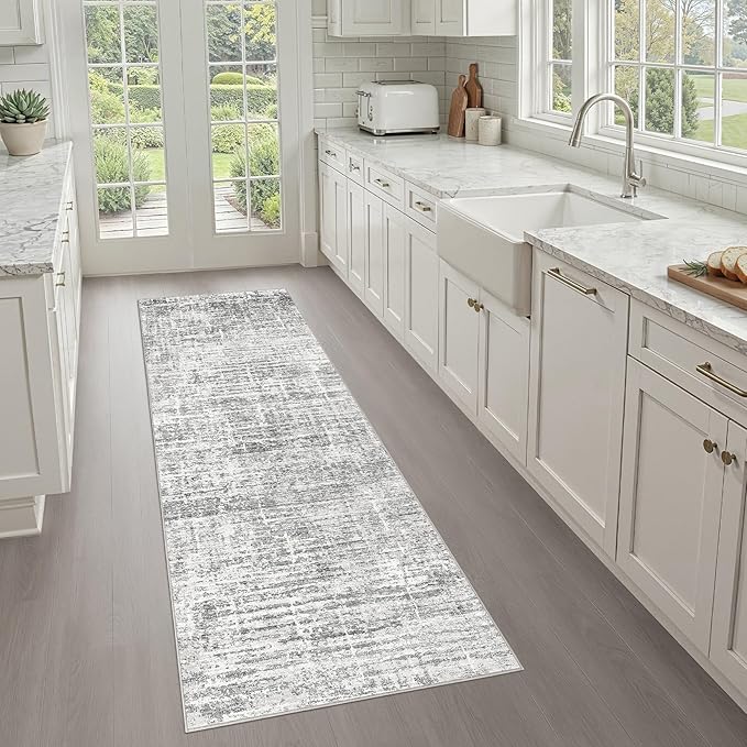 Runner Rug Non-Slip Kitchen Rug: 2x6 Washable Abstract Modern Soft Stain Resistant Indoor Floor Neutral Accent Throw Carpet for Hallway Bathroom Laundry Room Bedroom Entryway- Grey