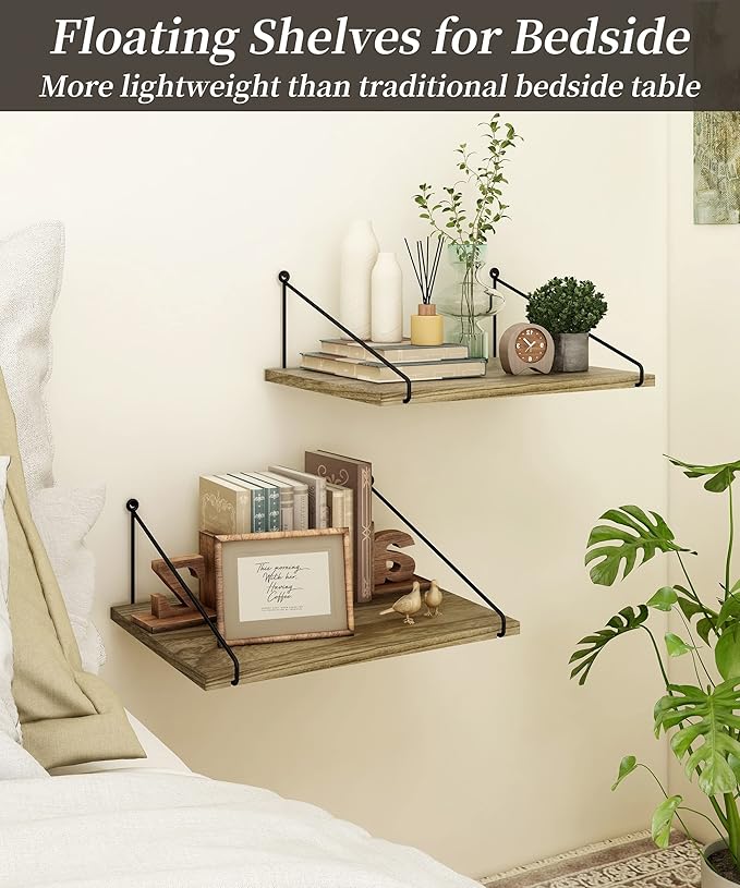 Afuly 12 Inch Deep Floating Shelves for Wall, Rustic Farmhouse Wall Mounted Hanging Shelf Large Wood Organizers Bookshelf, Set of 2