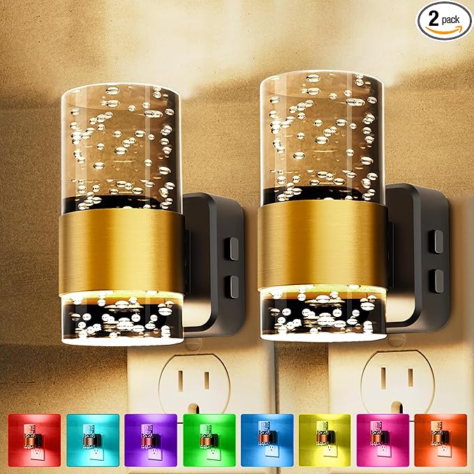 Night Lights Plug into wall, Color Changing Night Light with Rotatable Plug, Dusk to Dawn Light Sensor and Adjustable Brightness, Elegant Design Night Light for Kids Bedroom,Bathroom, 2 Pack