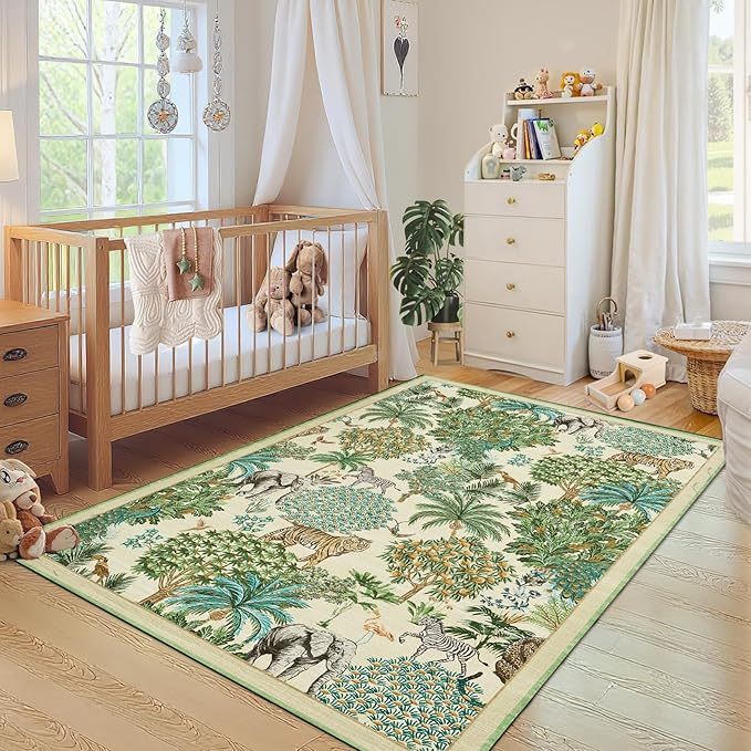 GarveeHome Jungle Animal Print Rug 3x5 Washable Area Rugs for Living Room, Forest Rug Non Slip Soft Low Pile Stain Resistance Throw Carpet for Bedroom Kids Playroom Nursery Beige