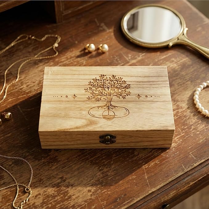 Trinket Box with Lock- Hand-Engraved Tree of Life Keepsake Box, 7.8" Vintage Wood Storage Box Jewelry Box for Crystals, Jewelry, Watches & Photos - Decorative Small Memory Chest for Women & Girls