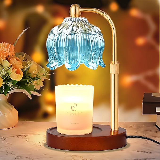 Adjustable Flower Candle Warmer Lamp with Timer, Lotus Tulip Glass Warmer Light for Jar Candles, Electric Wax Warming Melter, Gifts for Women Mom, Vintage Bedroom Decor (Blue)