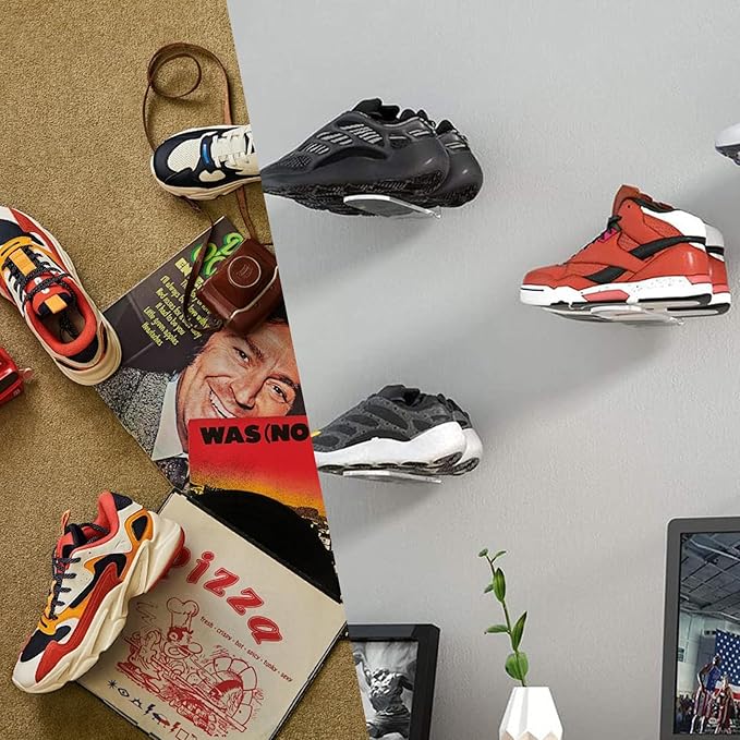 Floating Shoe Display Shelves Wall Mount Set of 6, Clear Acrylic Floating Sneaker Shelves, 8 x 3 Inch Acrylic Shoe Shelf for Wall, Shoe Display Shelf for Bedroom Hallways Sneaker Collections