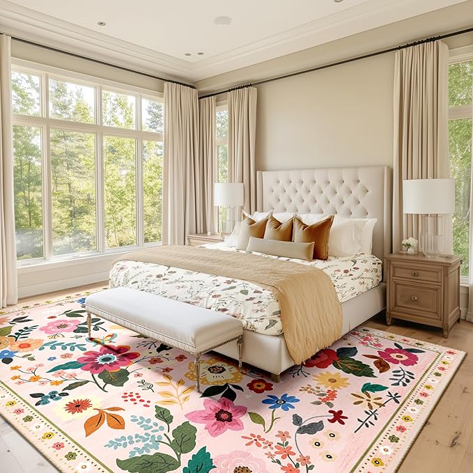 RELEANY Floral Nursery 9x12 Area Rugs Washable Print Boho Cute Carpet Non Slip Flower Low Pile for Living Room Kids Girls Playroom Bedroom Kitchen Office Farmhouse-Pink