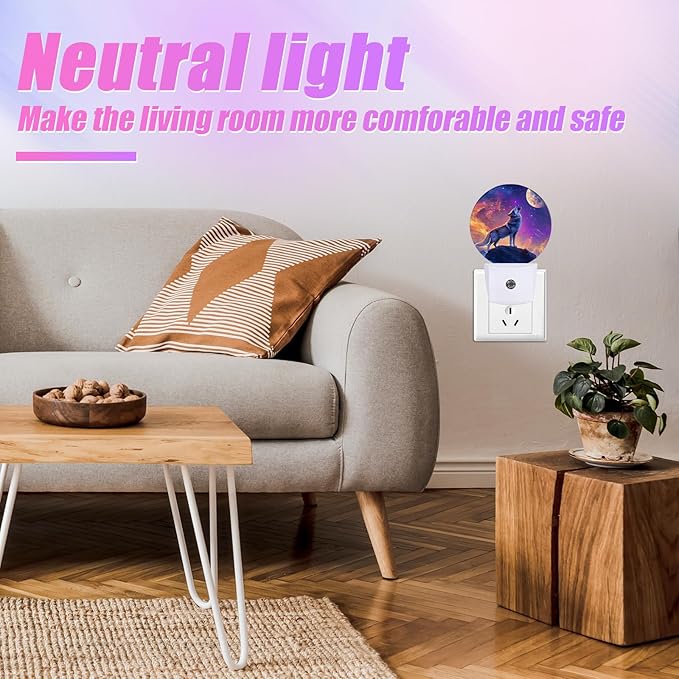 Wolf Night Light Full Moon Night Lights LED Lamp Round Plug into Wall Nightlight with Dusk to Dawn Sensor Home Hallway Stairway Kitchen Decor