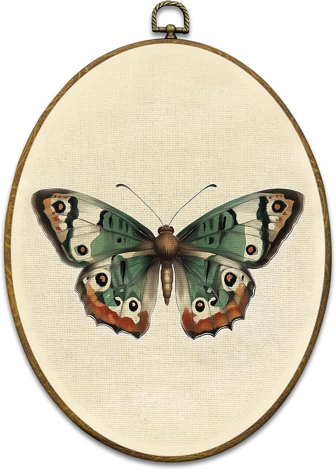 Mcehtle Vintage Butterfly Wall Art Decor, Moody Moth Cottagecore Oval Framed Canvas Prints 8.6x11.4, Sage Green Academia Insect Wall Hanging Artwork Decorations for Gallery Home Bedroom Living Room