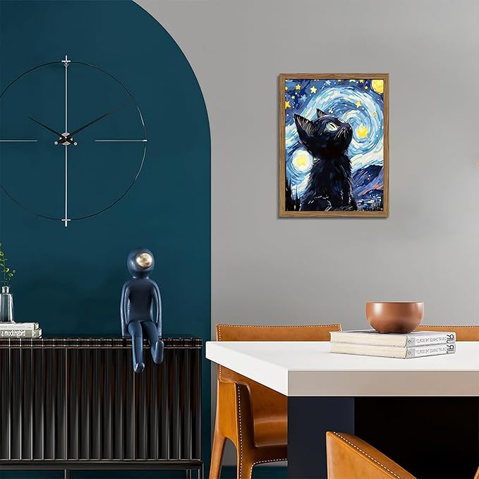 Framed Black Cat Wall Art, Van Gogh Starry Night Canvas Wall Decor, Cute Cat Animal Poster Print Picture, Impressionist Artwork Oil Painting for Bedroom Living Room Nursery 16x24 Inch