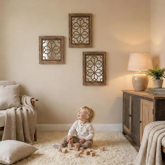 Set of 2 13x17 Inch Rectangular Shatterproof Decorative Wall Mirrors, Boho Farmhouse Rustic Vintage Grey Accent Mirrors for Living Room, Bedroom, Entryway & Home Wall Decor（Redbrown）