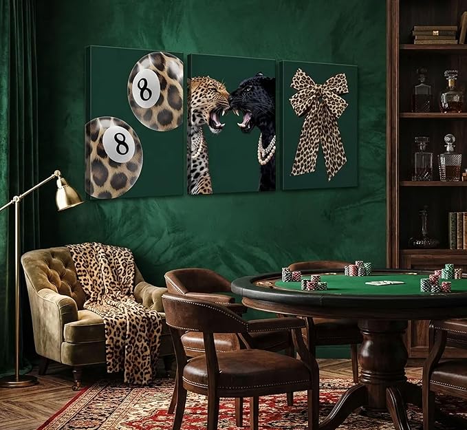 3Pcs Trendy Leopard Canvas Wall Art Funky Lucky 8 Ball Pictures Wall Decor Cheetah Bows Preppy Aesthetic Posters Prints Paintings for Bedroom Dorm Living Bathroom Decoration Prepare To Hang