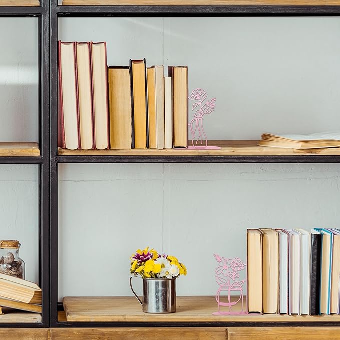 Metal Flower Vase Bookends, Cute Book Ends for Office Home Decor Decorative BookEnds for Shelves, Ideal Gift for Book Lovers(Pink)