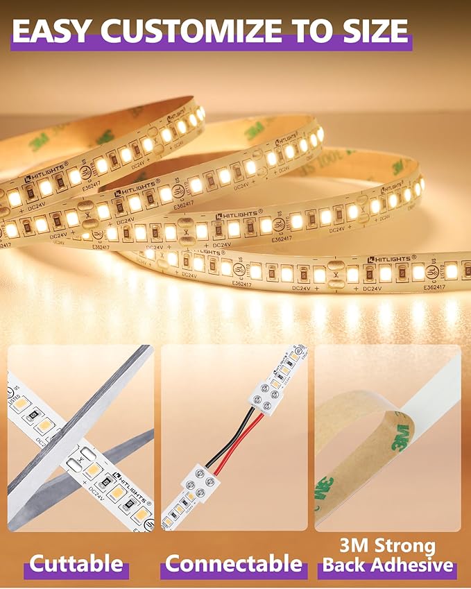 HitLights LED Strip Lights Warm White 2700K, 16.4ft Premium High Density 24V Tape Light, 600 LEDs, 426 LM/FT, CRI 90+, IP30, Lighting for Kitchen, Under Cabinets, UL Listed (Power Source Not Included)