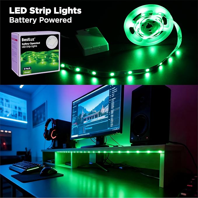 BestLuz Battery Powered LED Strip Lights 2X 3.33ft Flexible Green Light Strip for Bedroom Room Decor, Lighting for Cabinet Shelf Closet TV Backlight