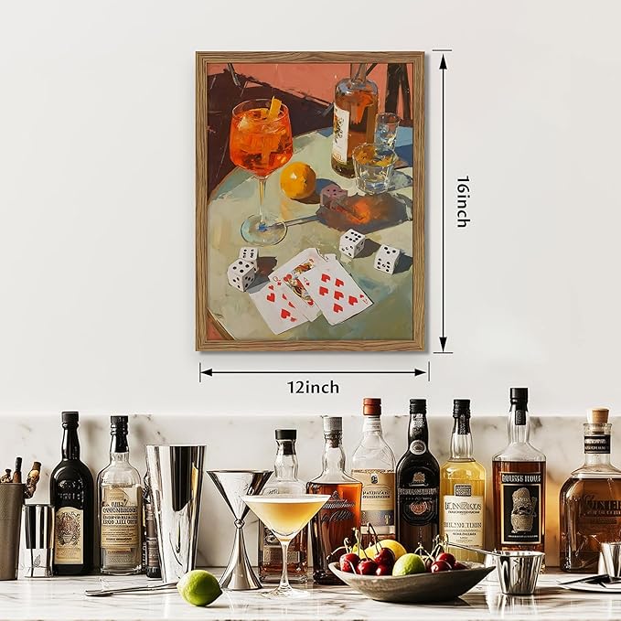 Framed Cocktail Bar Wall Art, Vintage Dice And Poker Canvas Wall Decor Painting, Whiskey Liquor Bar Still Life Artwork Poster Print Picture for Men Game Room Kitchen Dining Room Home Decor 12x16 Inch