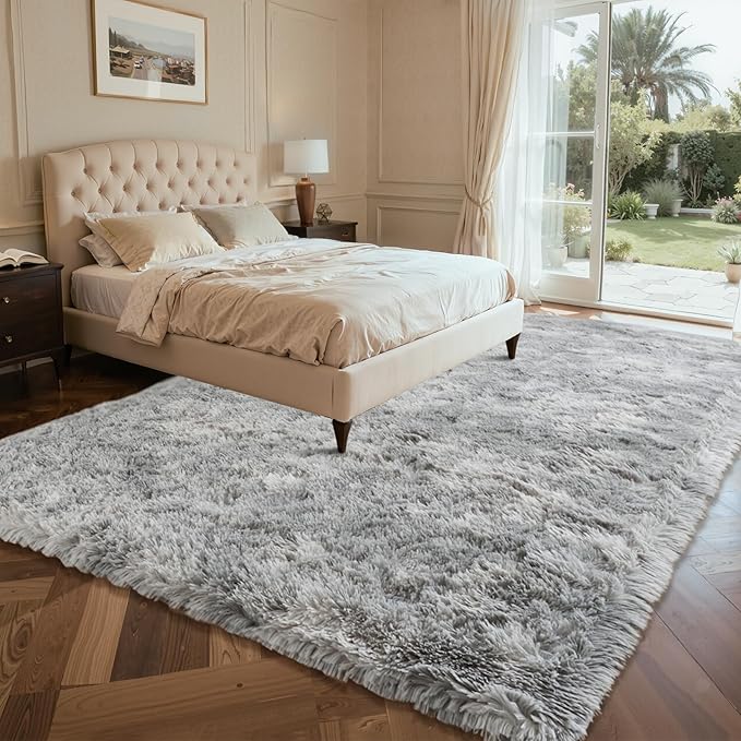 Fluffy Area Rugs for Bedroom - Soft Plush Shag Rug for Living Room Nursery Kids Room - Non Slip Fuzzy Shaggy Floor Carpets for Girls Boys Play Room Dorm Decor (Tie-Dyed Light Grey, 6' x 9')