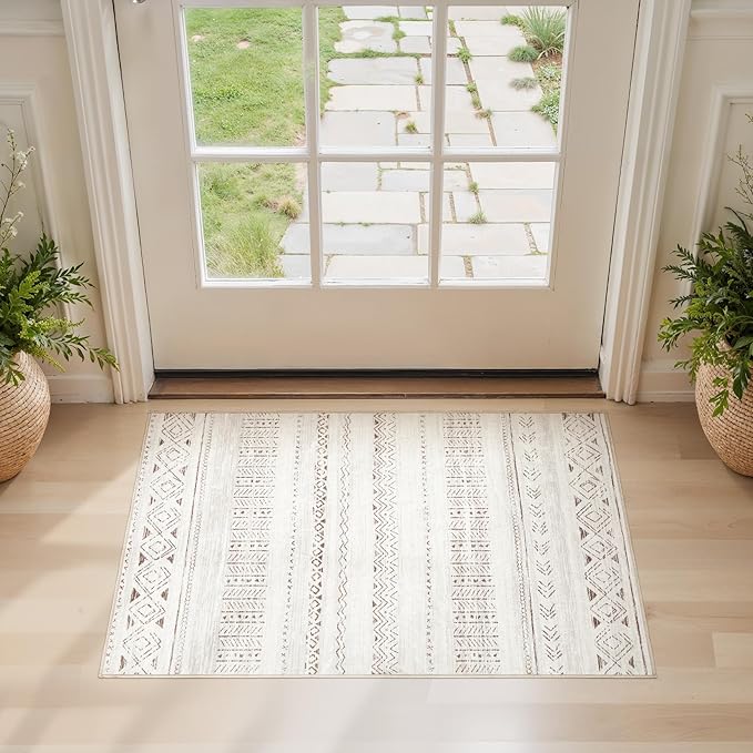 cotiled Washable 2x3 Entryway Rug: Washable Boho Rugs with Non Slip Backing Small Soft Indoor Stain Resistant Carpet for Kitchen Front Lightweight Home Decor L Brown/Cream