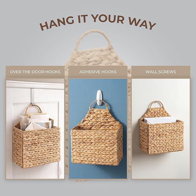 Boho Water Hyacinth Hanging Wall Basket, Flat Back Woven Storage Organizer for Mail, Books and Magazines, Decorative Wall Basket for Entryway and Farmhouse Home