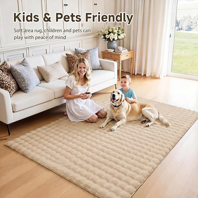 Pauwer Area Rugs for Living Room, 6x9 Fluffy Faux Fur Rug Non Slip Machine Washable Soft Shaggy Indoor Floor Carpet for Bedroom Dorms Playroom, Beige